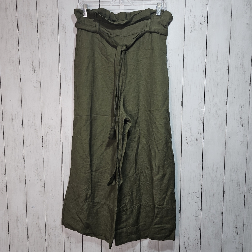 BLANKNYC Green Paperbag Waist Belted Linen Blend Cropped Pants Size Medium.